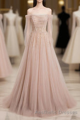 Champagne Pink Tulle Beads Long Evening Prom Dresses, Champagne Evening Prom Dresses
